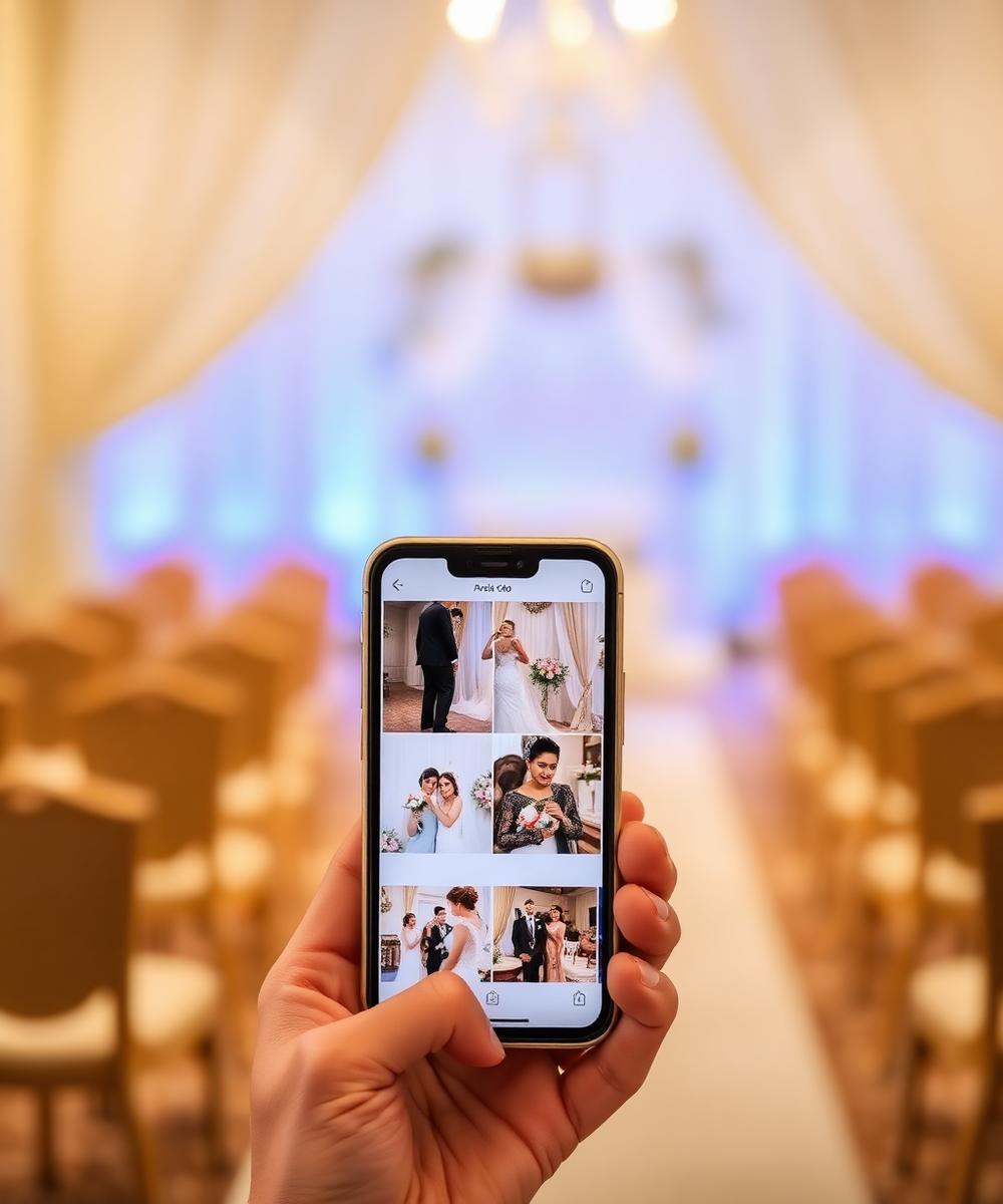 Smartphone toont een galerij met trouwfoto's in een minimalistische app