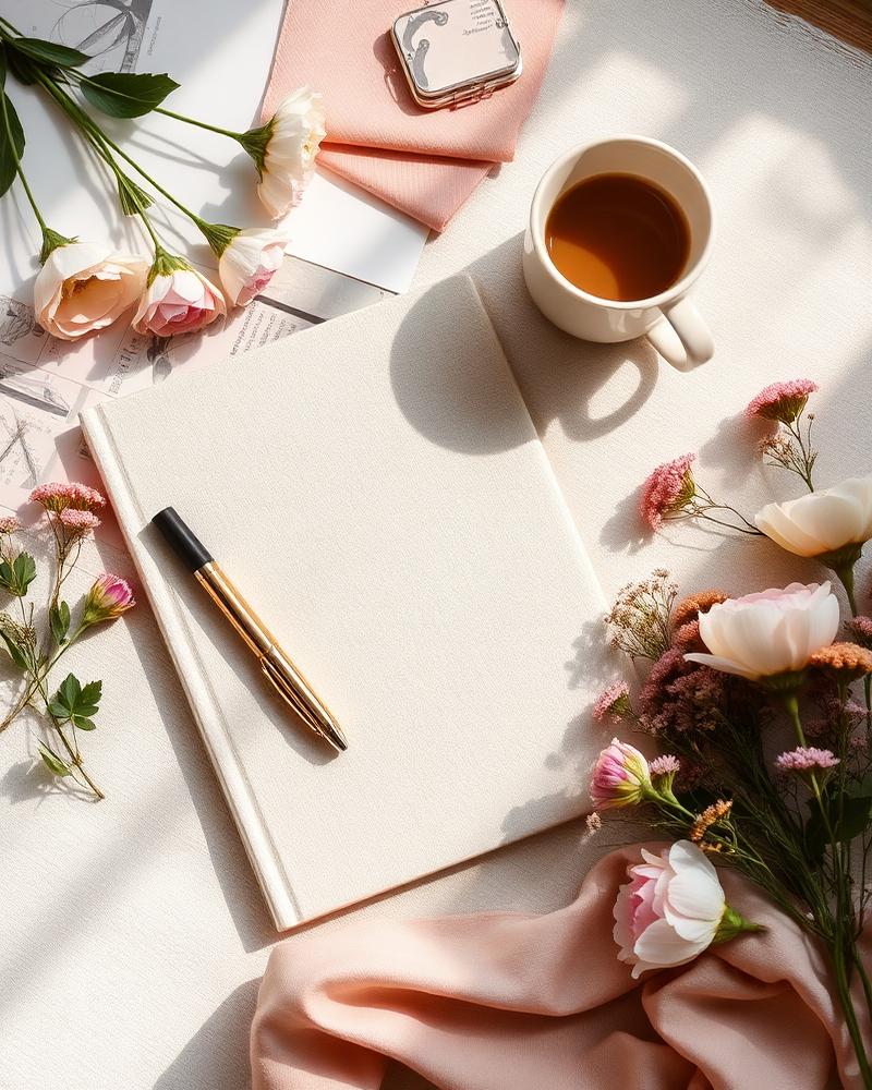 Trouwplanning bureau-flatlay met notitieboek, vulpen, bloemen en koffie
