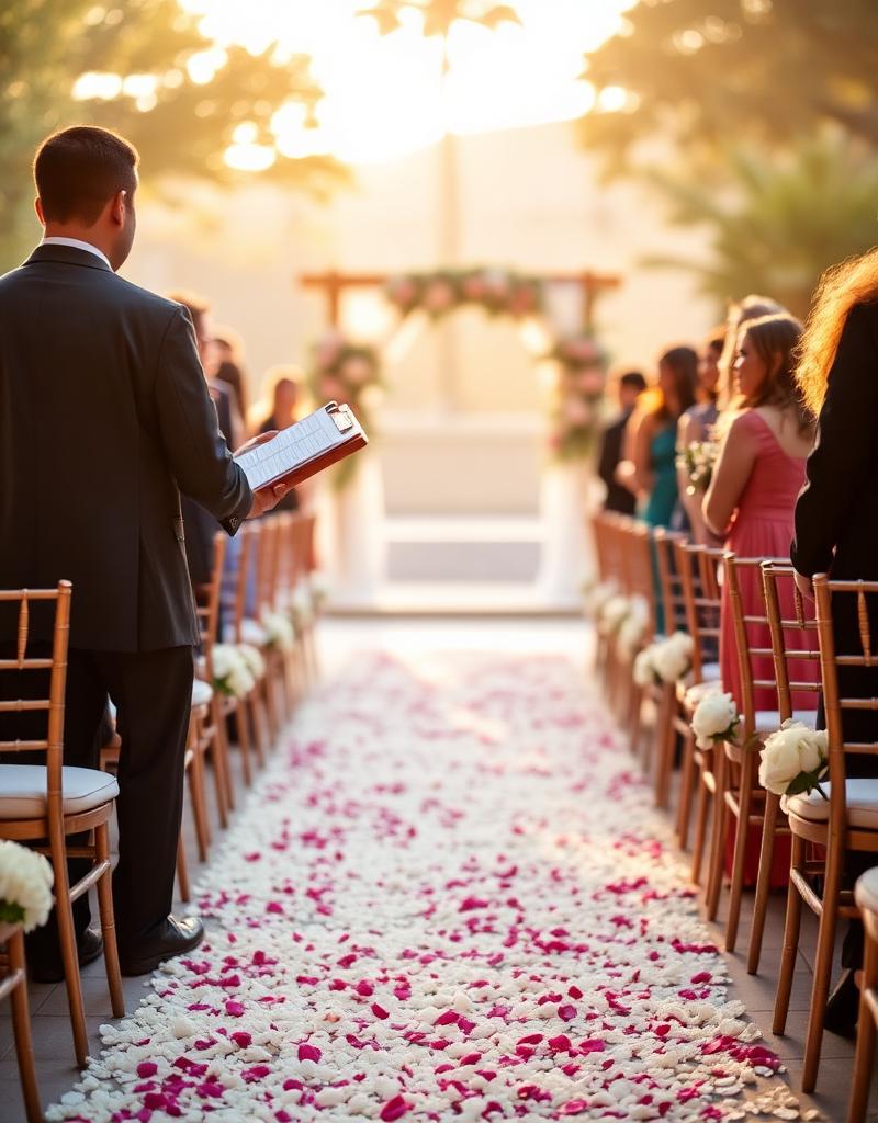 Ceremoniemeester met klembord overziet huwelijksceremonie bij ochtendlicht met bloemenboog en rozenblaadjes