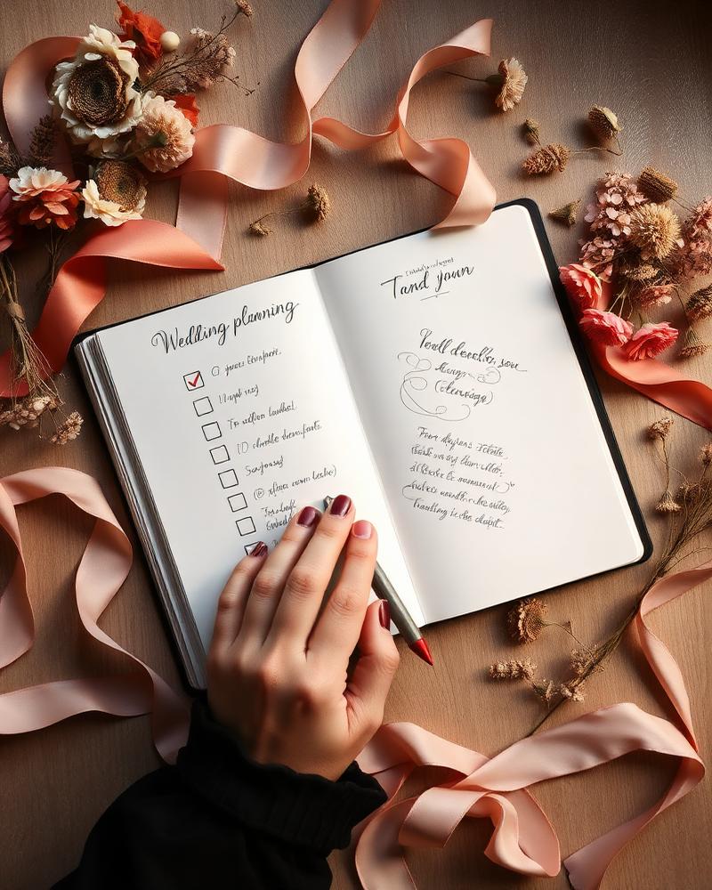 Handgeschreven trouwplanning checklist in een notitieboek met linten en bloemen