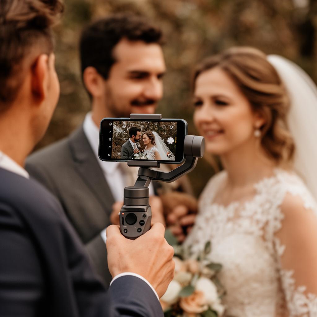 Wedding content creator filmt het bruidspaar met smartphone op een gimbal tijdens een trouwdag