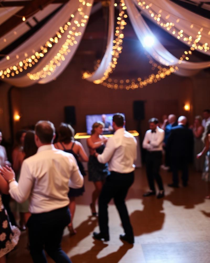 Sfeervolle feestzaal met warme lichtjes, dansende gasten en DJ-booth op de achtergrond
