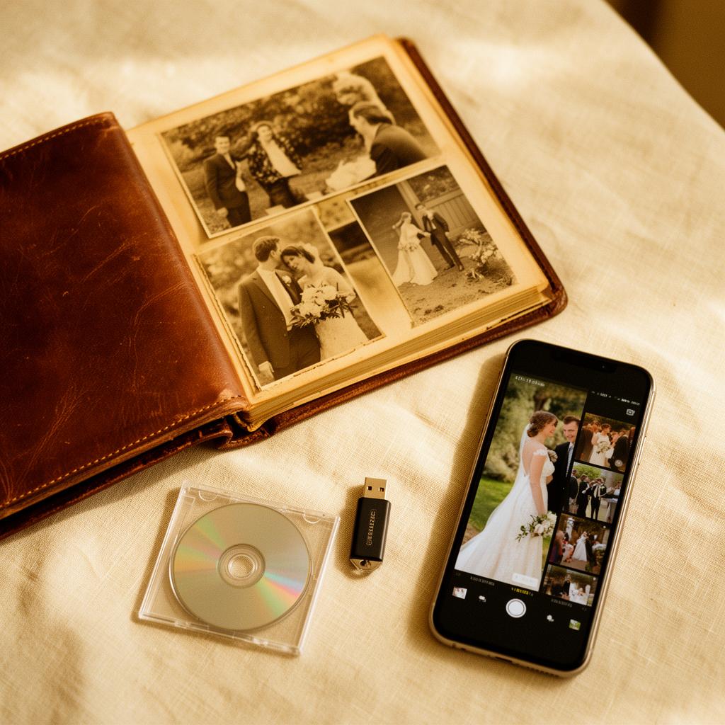 Editorial flat-lay met oud leren trouwalbum, dvd, USB-stick en smartphone met een verticale trouwreel in warm licht