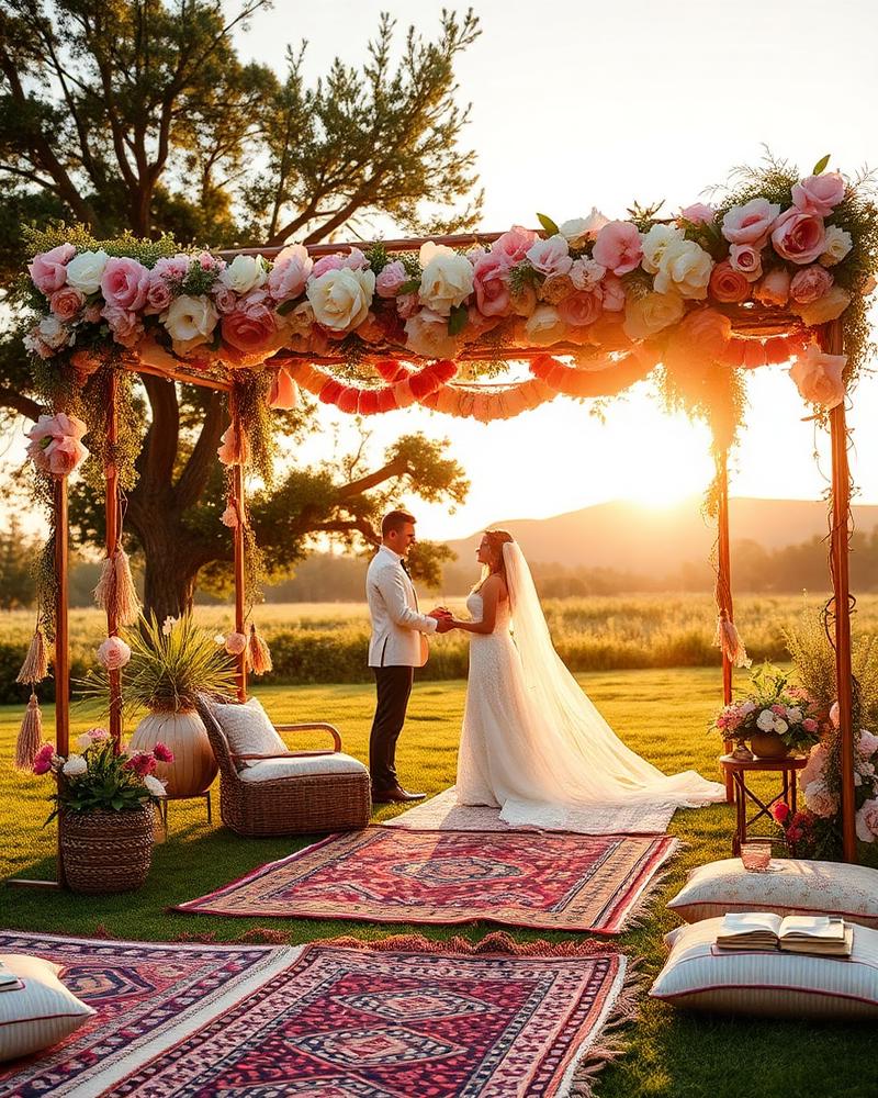 Originele openluchtceremonie met bloemenboog, vintage tapijten en kussens bij zonsondergang