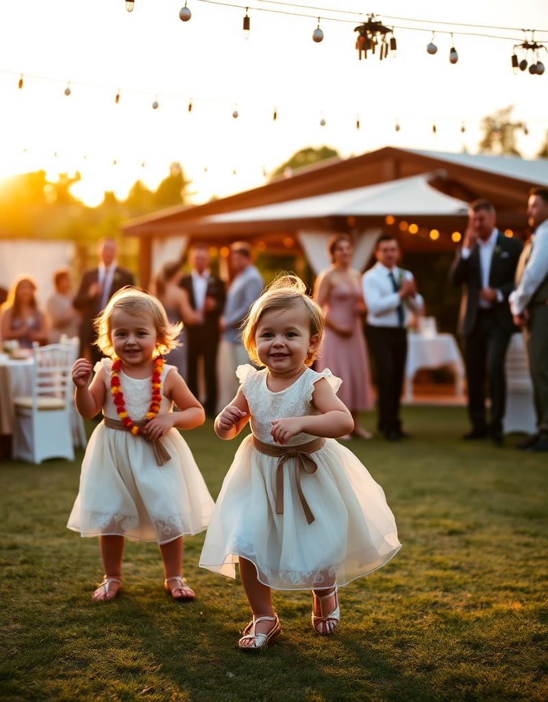 Twee bloemenmeisjes in cremekleurige jurkjes dansen op een huwelijk bij zonsondergang