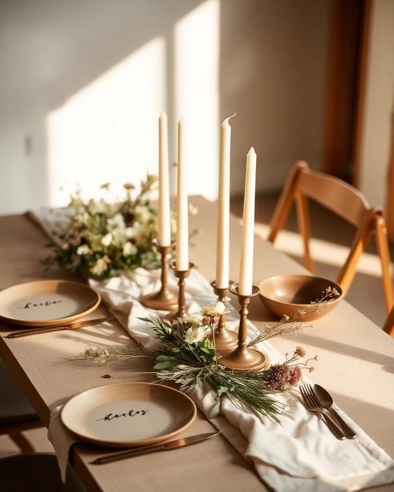 Editorial trouwfeesttafel met hoge kaarsen en aardse keramiek in warm zonlicht